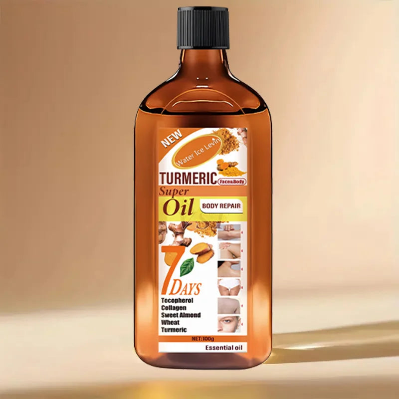 A brown plastic bottle of turmeric face and body repair oil, enriched with collagen, almond, and wheat. 100g.