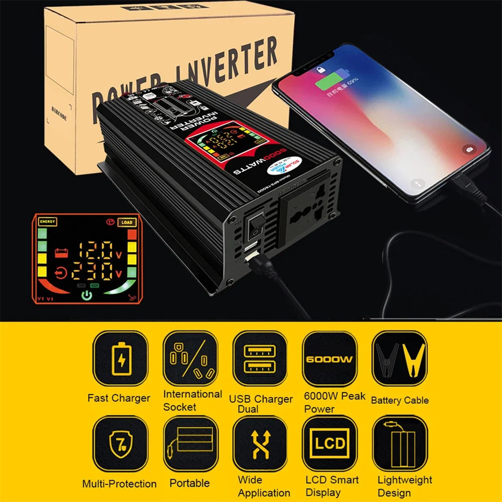 Black 6000W car power inverter with LCD screen, dual USB ports, international socket, and included battery cables.