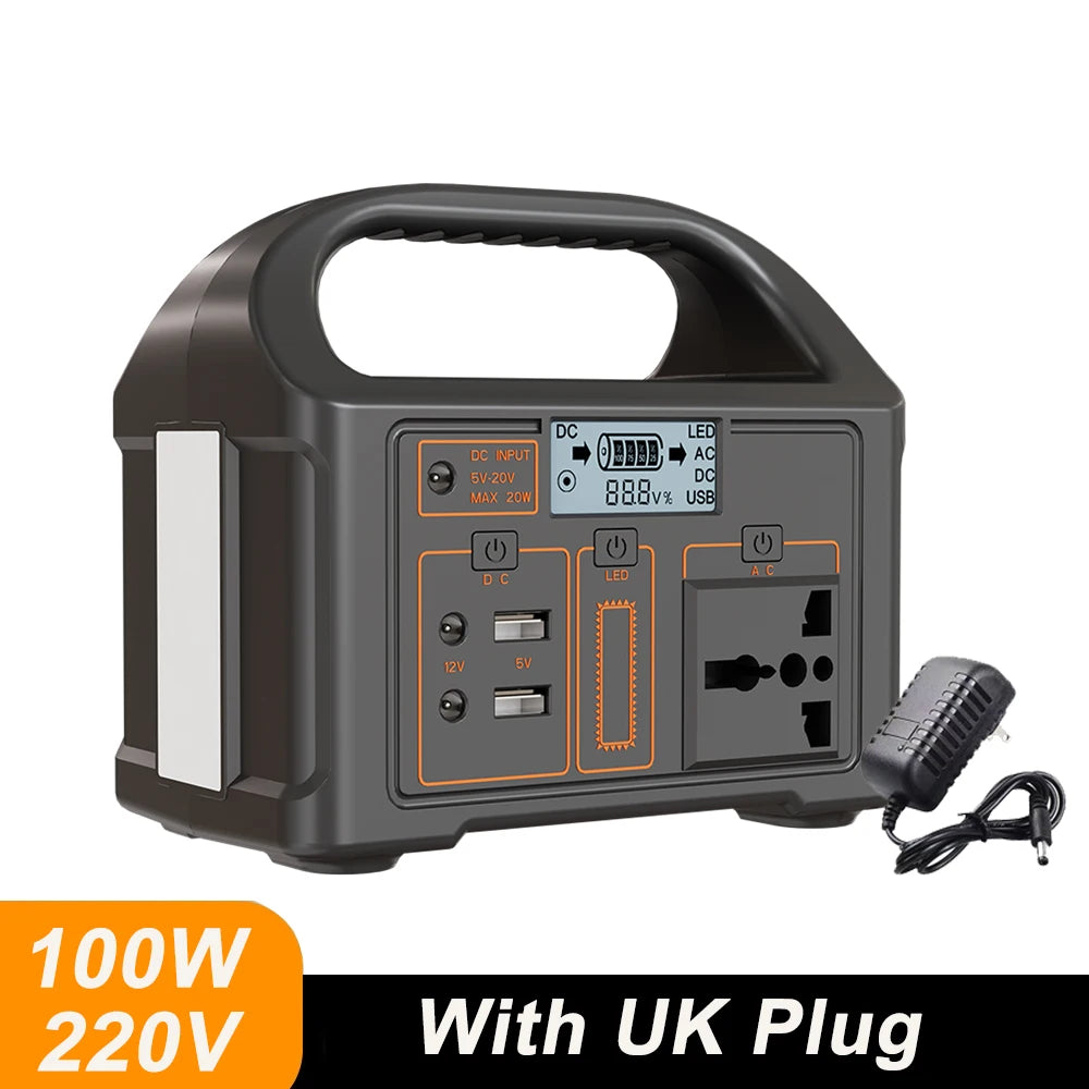 Black portable power station with LCD screen, DC input, USB ports, LED light, AC outlet, and a separate UK plug adapter.