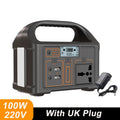 Black portable power station with LCD screen, DC input, USB ports, LED light, AC outlet, and a separate UK plug adapter.