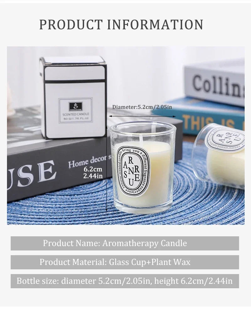 Aromatherapy plant wax candle in a clear glass cup, featuring a minimalist white label, 6.2cm height, 5.2cm diameter.