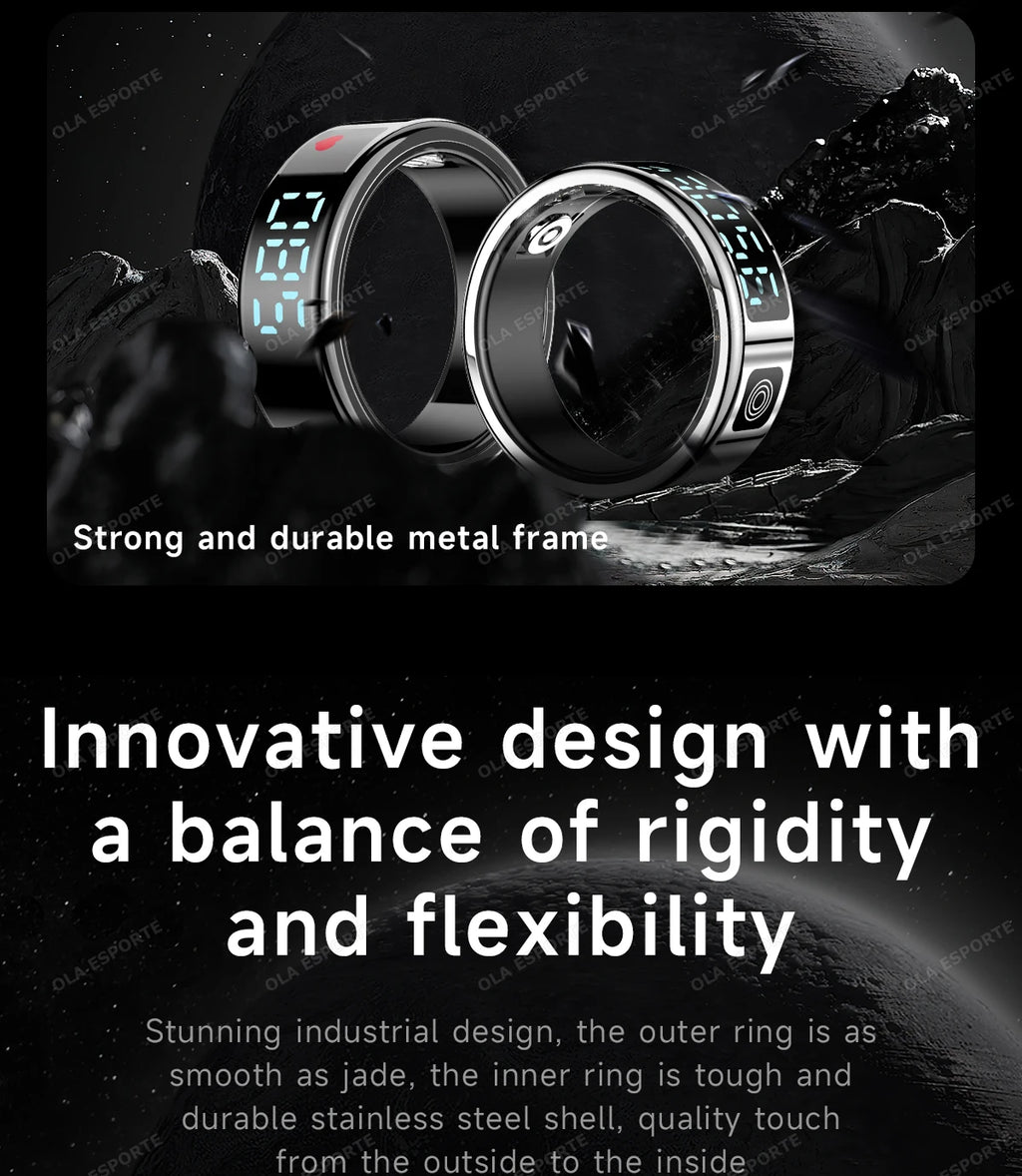 Two sleek, black metallic smart health rings with glowing digital displays, set against a dark, textured background.