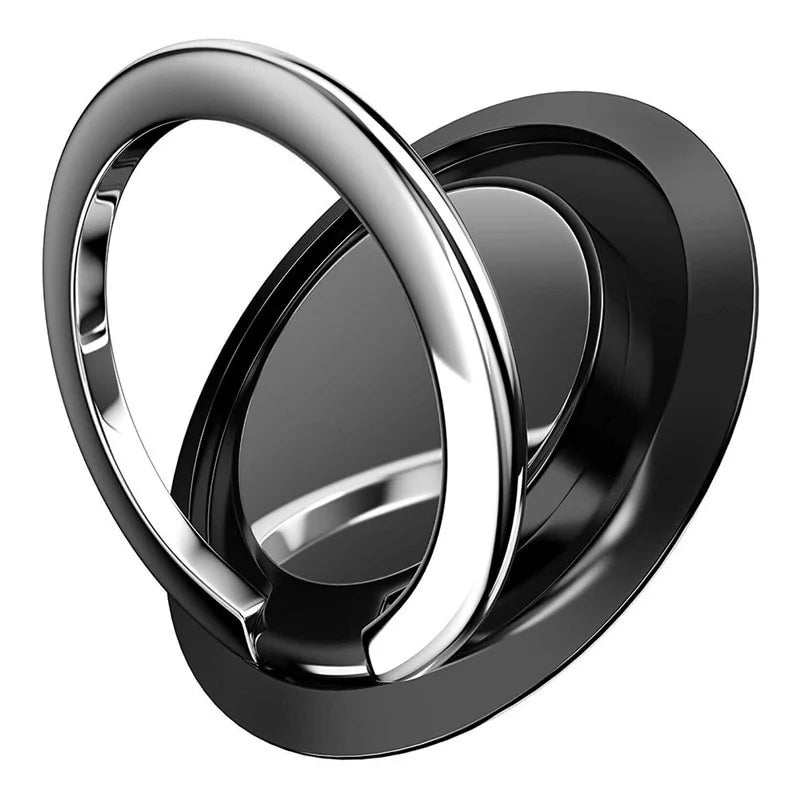 Black and chrome smartphone ring holder stand with a circular, minimalist design, isolated on a white background.