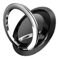 Black and chrome smartphone ring holder stand with a circular, minimalist design, isolated on a white background.