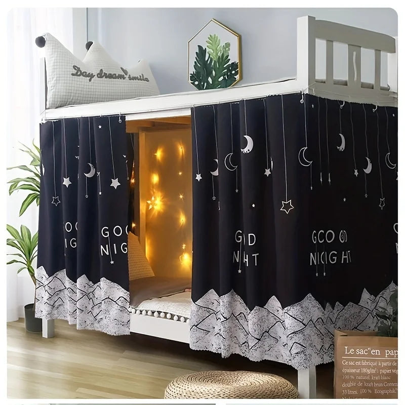 Blackout bunk bed curtain in black with white mountain, moon, and star print, featuring "Good Night" text.
