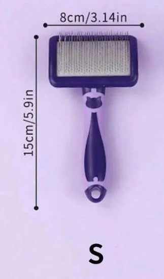 Purple and lilac grooming brush with fine wire bristles and a cute cat-shaped handle, measuring 15cm by 8cm.