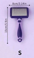 Purple and lilac grooming brush with fine wire bristles and a cute cat-shaped handle, measuring 15cm by 8cm.