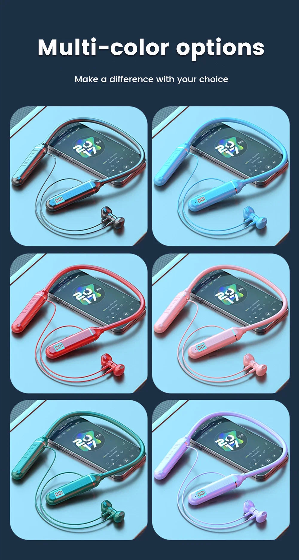 Six wireless neckband earphones shown in various colours, each featuring a digital LED battery display.