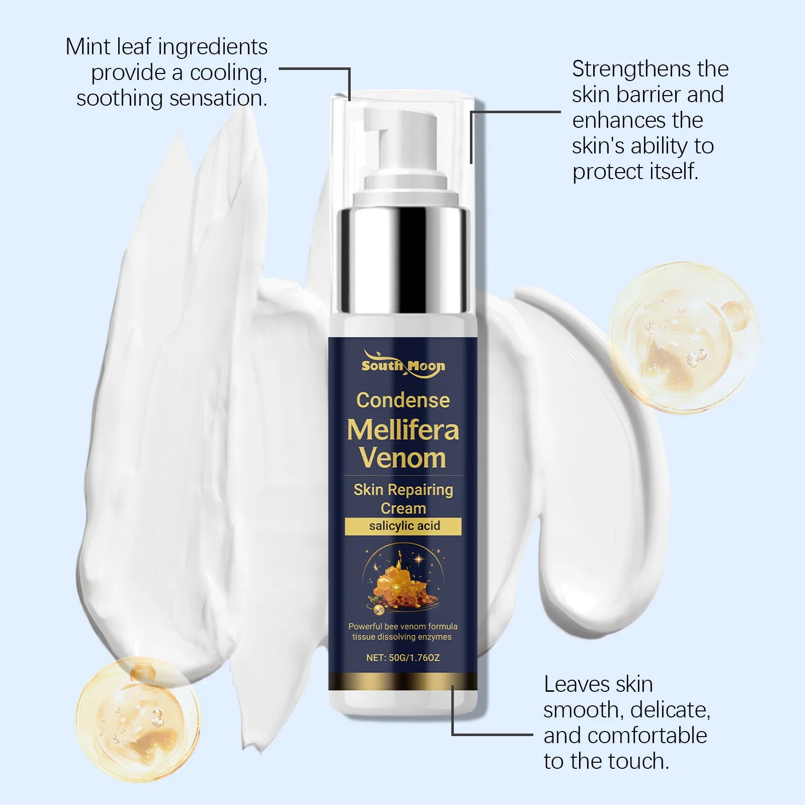 50g pump bottle of soothing bee venom skin repairing cream, featuring a cooling mint formula on a white cream smear.