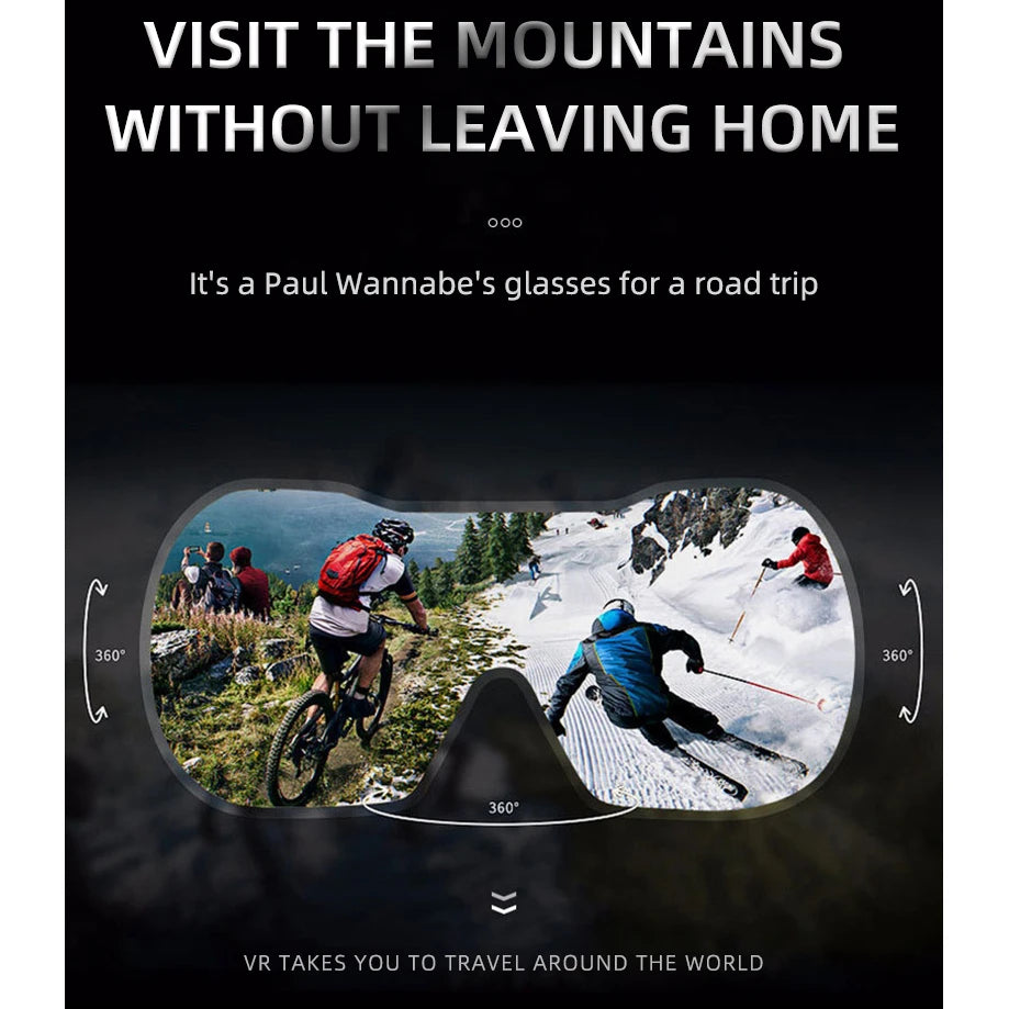 Black VR headset displaying 360-degree mountain views of mountain biking and skiing.