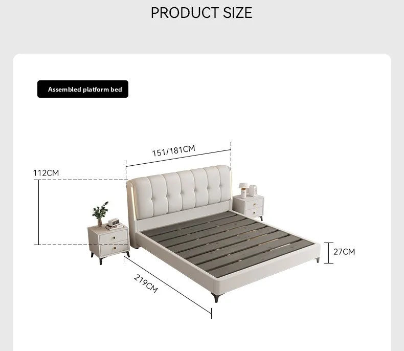 Modern minimalist cream white platform bed frame with a button-tufted headboard and dimensions displayed.