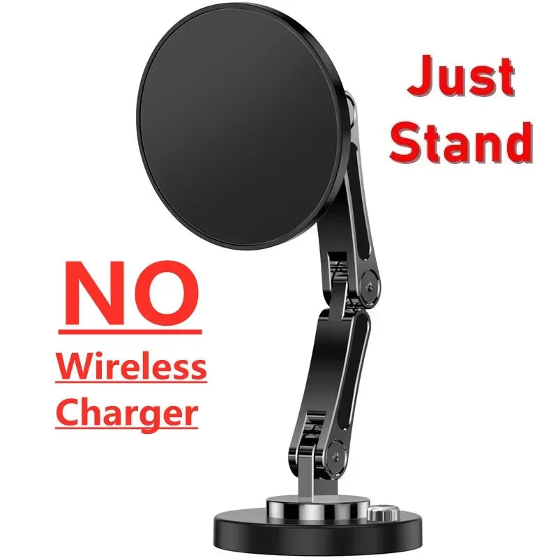 Black adjustable phone stand with a circular mount and mechanical arm. Text on image states it is not a charger.