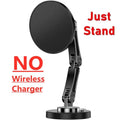Black adjustable phone stand with a circular mount and foldable arm, isolated on white background. No charging function.