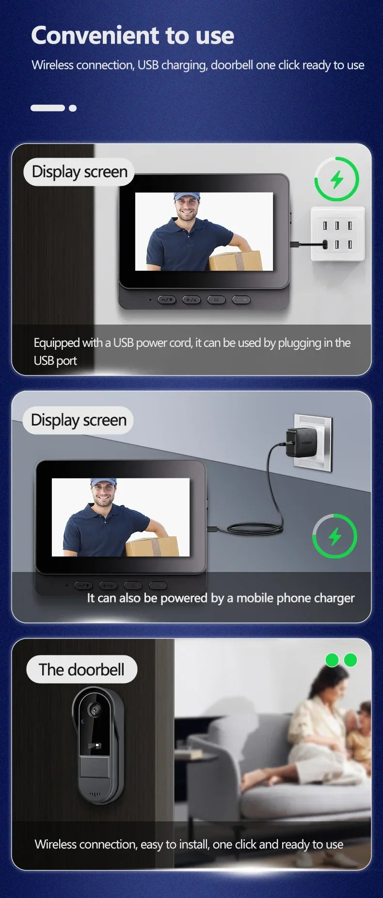 Wireless video doorbell with 4.3-inch screen, featuring USB charging, night vision, and sleek black design.
