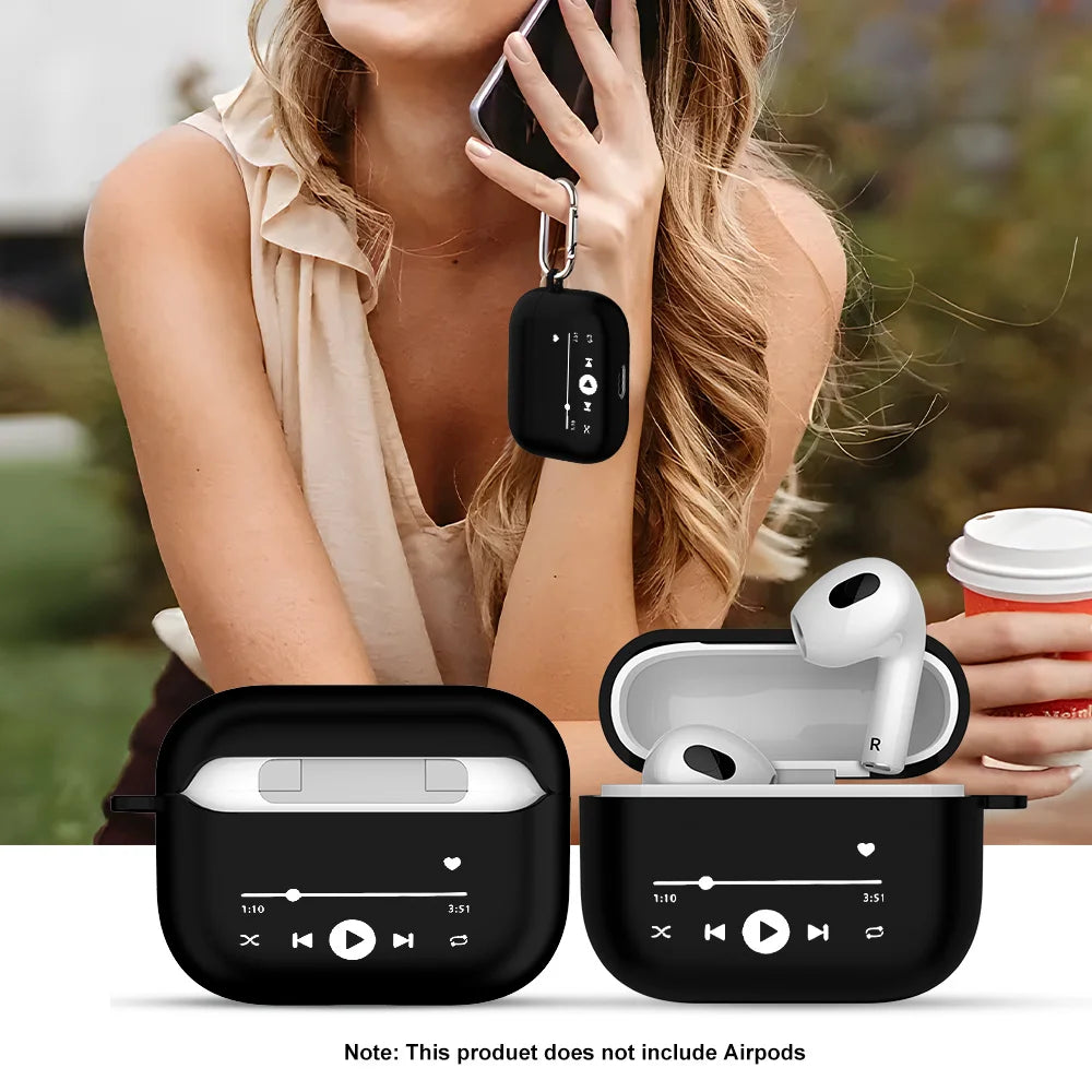 Black silicone protective case for AirPods 3 with music player print design, including a carabiner clip.