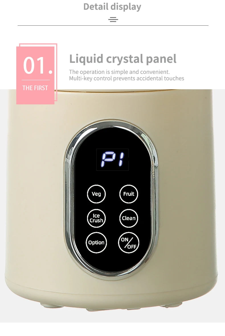Cream-colored blender base with an oval digital touch control panel featuring settings for vegetables, fruit, and ice.