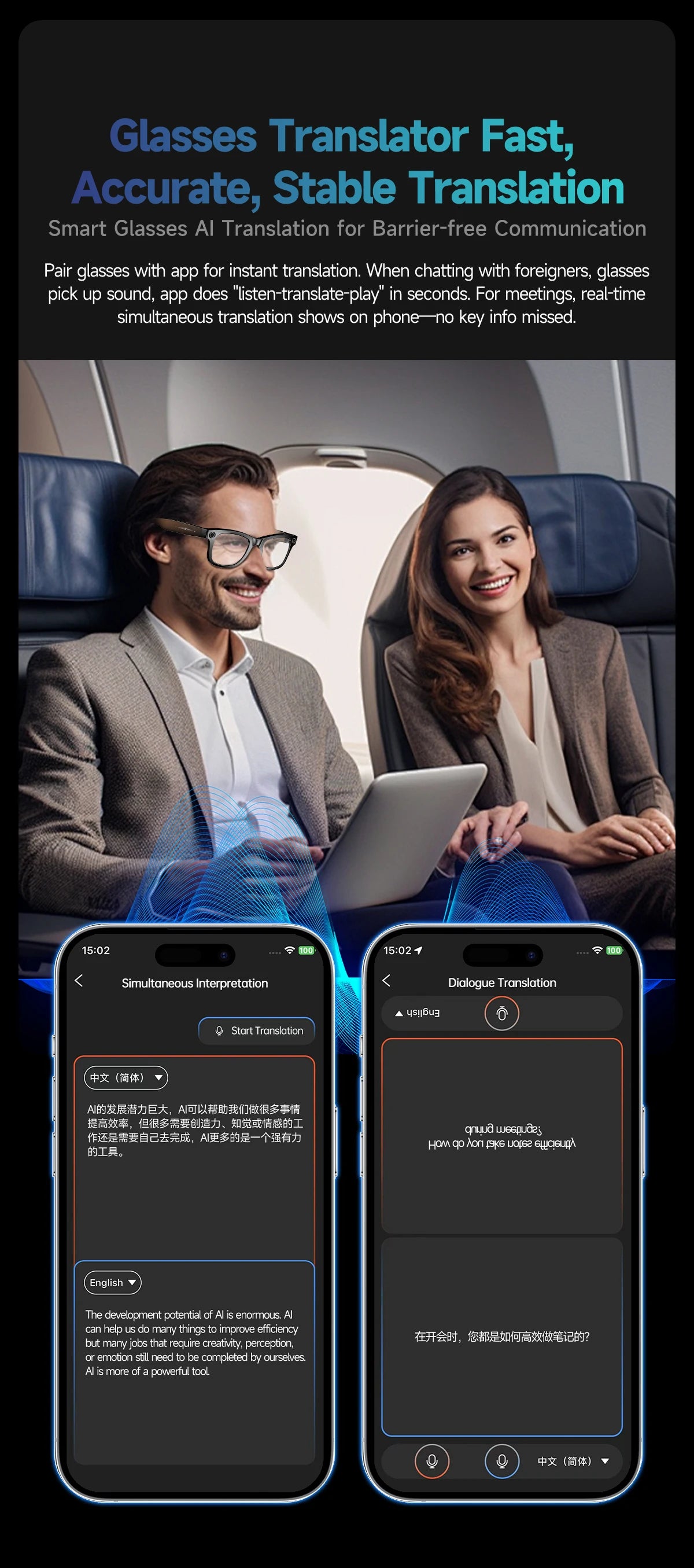 A man wearing sleek black smart glasses on an aeroplane, with a smartphone app showing real-time language translation.