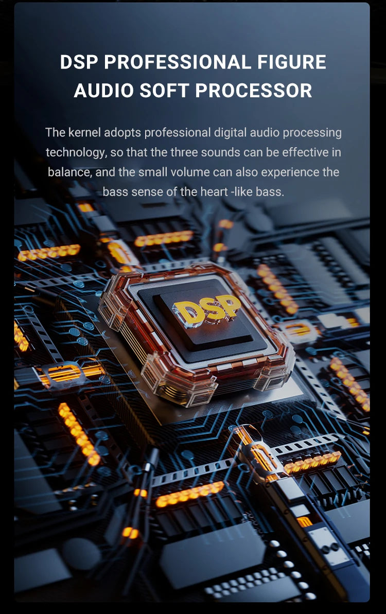 Close-up of a high-tech circuit board with a glowing DSP chip, highlighting professional audio processing technology.
