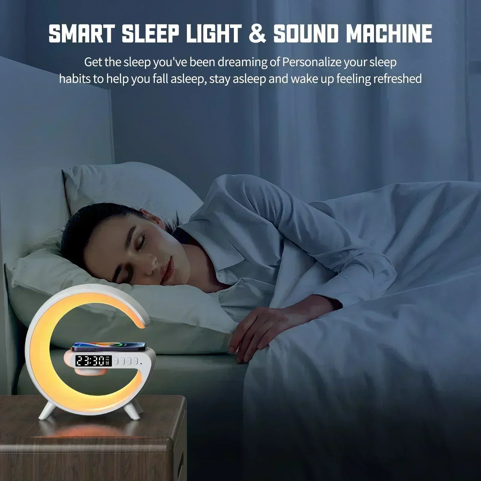 White G-shaped charging lamp on a bedside table with a glowing light, digital clock, and wireless phone charger.