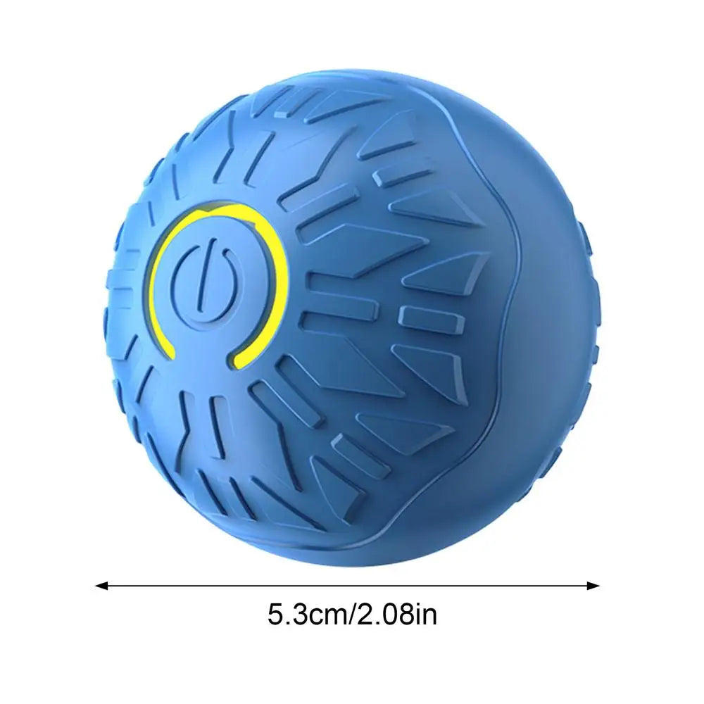 Blue, textured interactive dog ball toy with a central power button and a 5.3cm diameter.