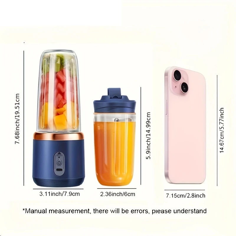 Portable navy blue blender with fruit and a separate cup next to a pink smartphone, showing dimensions.