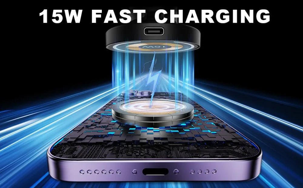 Black circular magnetic wireless charger providing 15W fast charging to a purple smartphone with blue energy light effects.