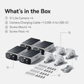 Infographic showing four S1 Lite security cameras with solar panels, mounts, screws, and a charging cable.