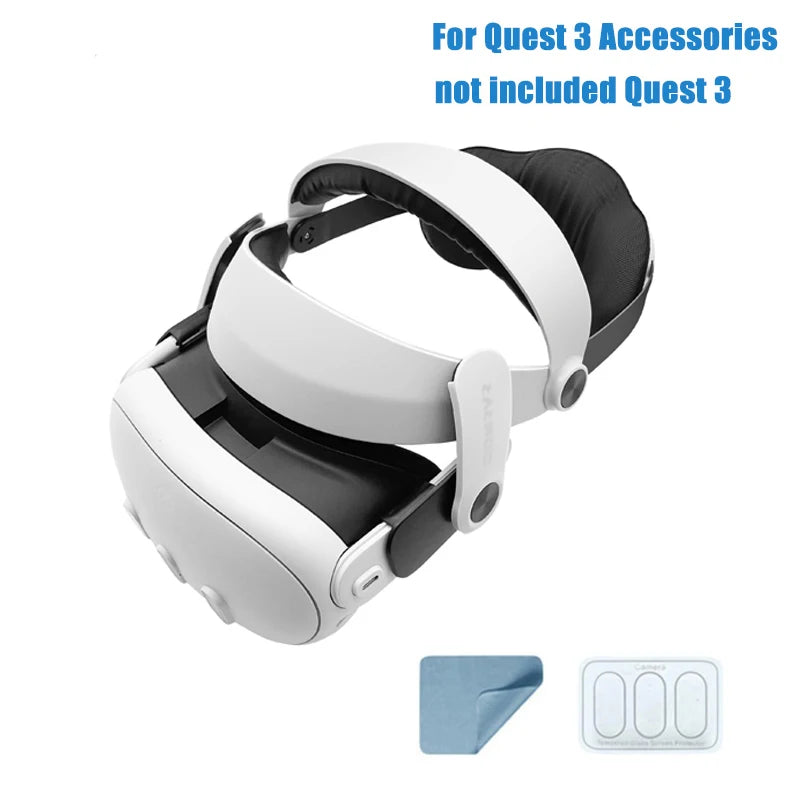 White adjustable halo strap for Meta Quest 3 with black cushioned padding, shown with a lens cloth and screen protector.