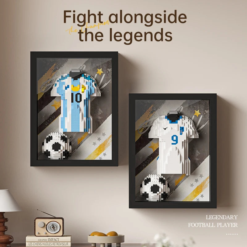 Two framed 3D brick-style football shirt and ball wall art sets in blue/white and white/blue, numbers 10 and 9.