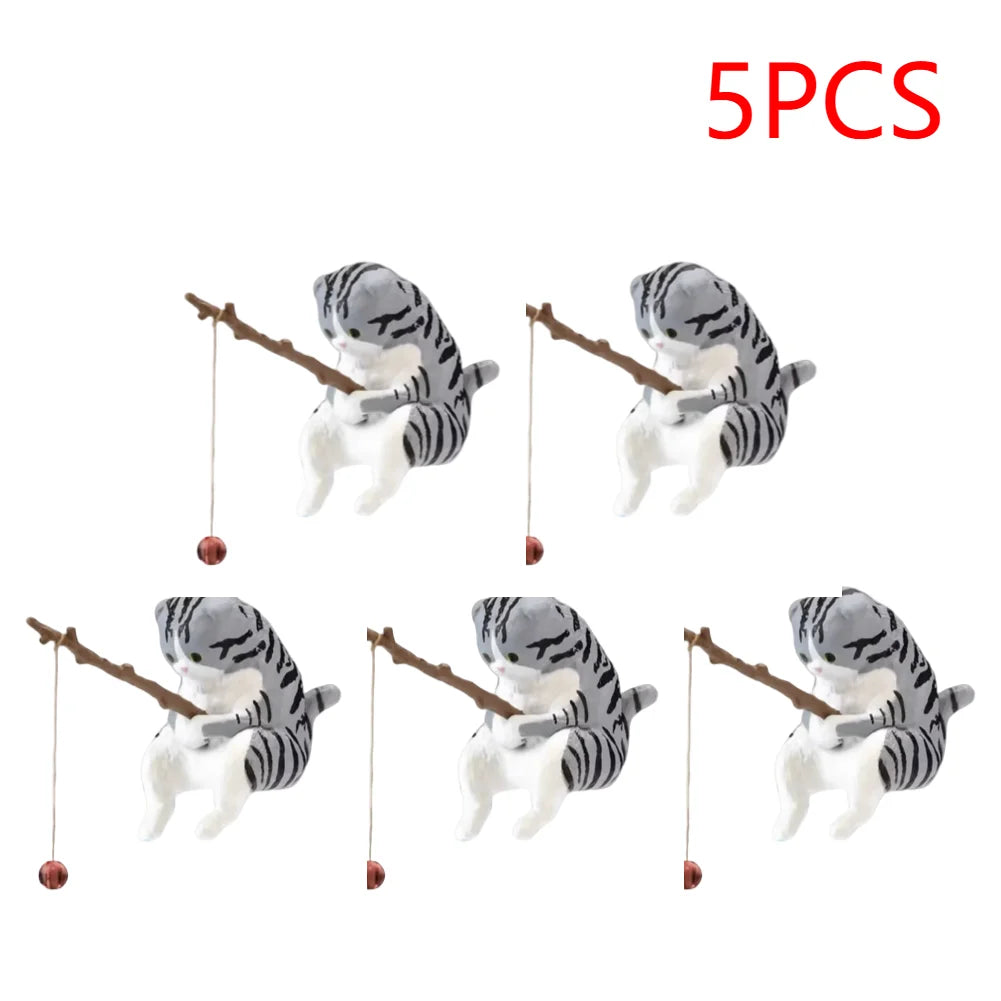 A set of 5 cute grey and white tabby cat aquarium ornaments, each holding a wooden fishing rod with a tiny lure.