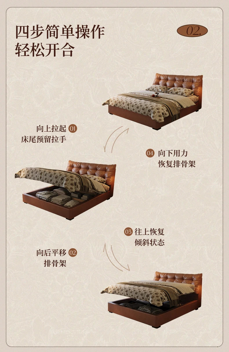 Modern Nordic double bed in brown leather with a tufted headboard and lift-up storage base showing assembly steps.