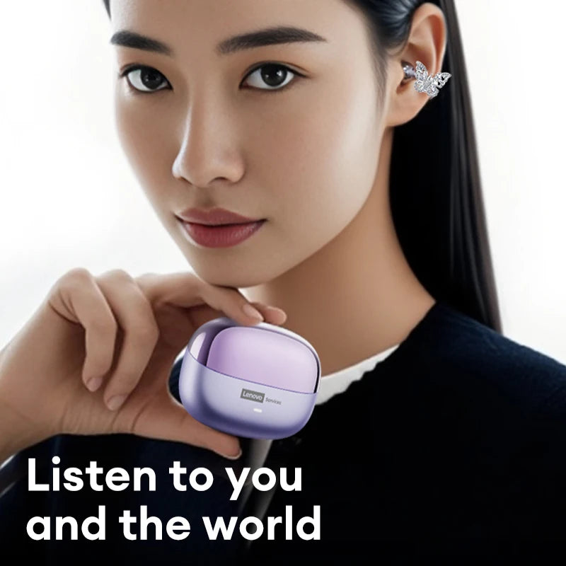 A woman holds a small, metallic light purple wireless earbud charging case with a rounded, modern design.