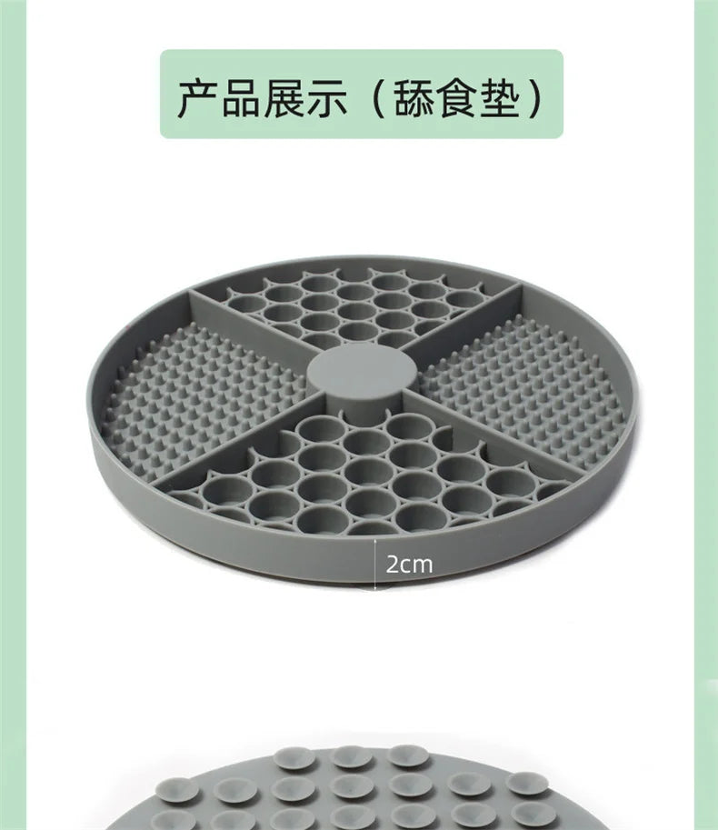 Grey circular pet lick mat with divided sections featuring raised textures and a 2cm thickness profile.