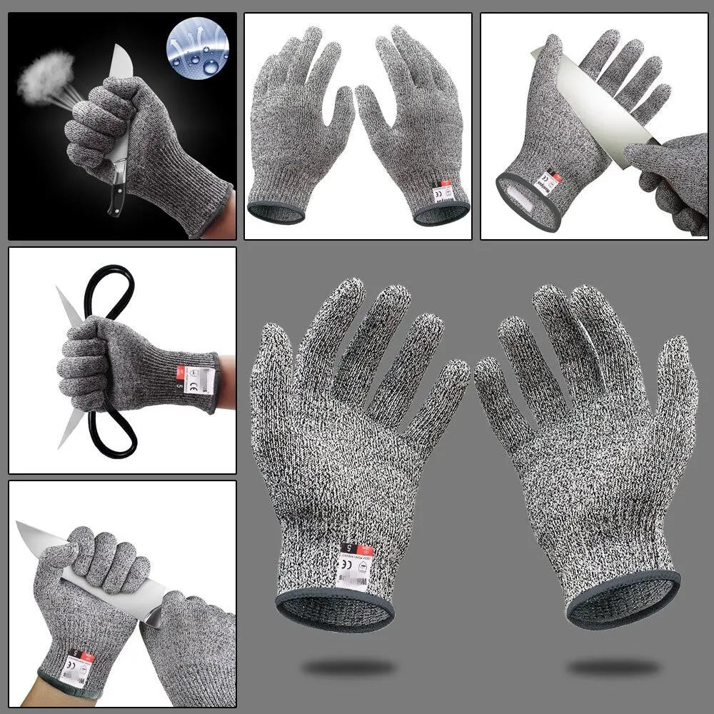 Pair of gray and white speckled cut-resistant safety gloves with elastic cuffs.