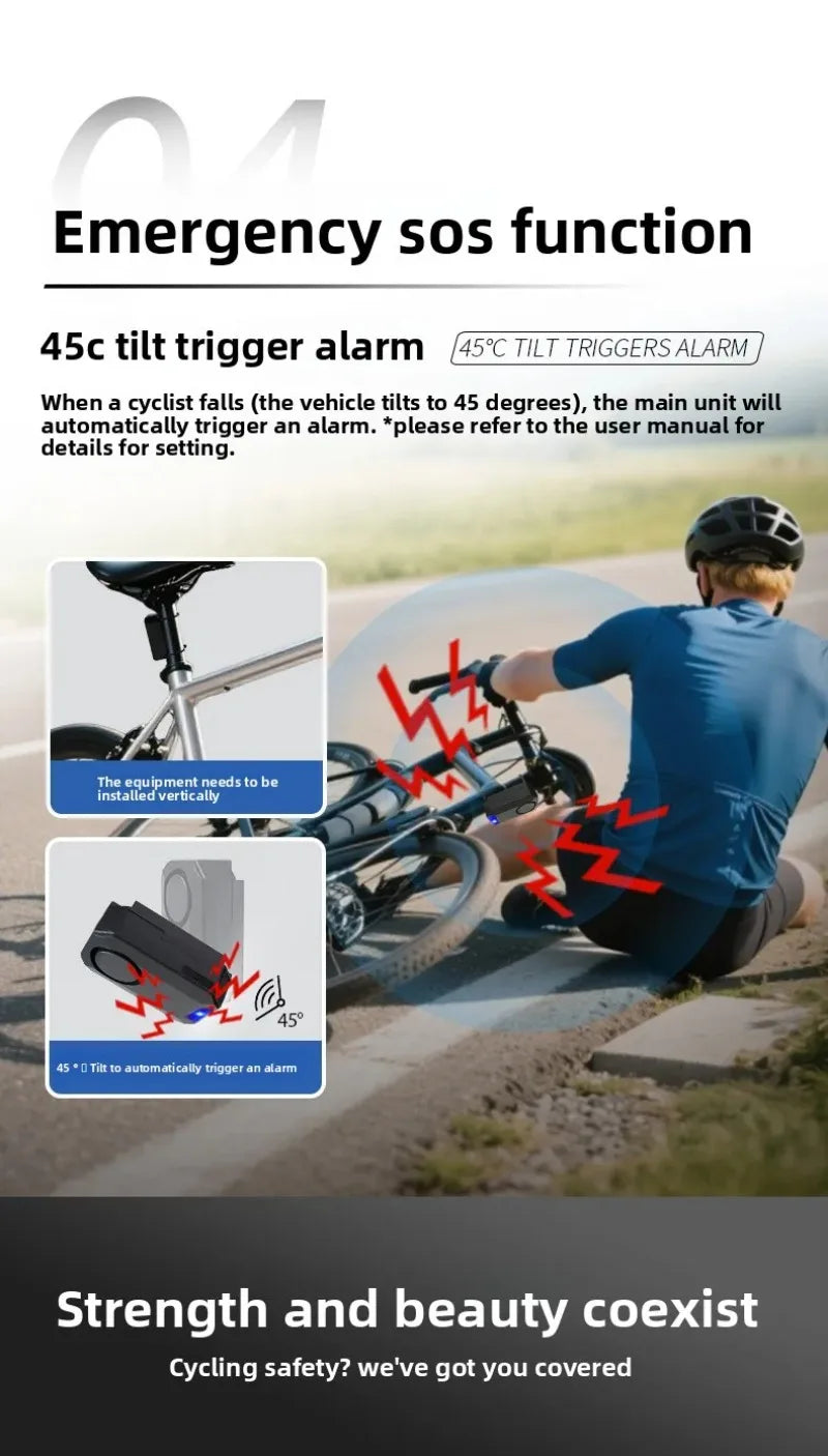 Black plastic bicycle alarm unit that triggers when the bike tilts 45 degrees, shown mounted on a bike seat post.