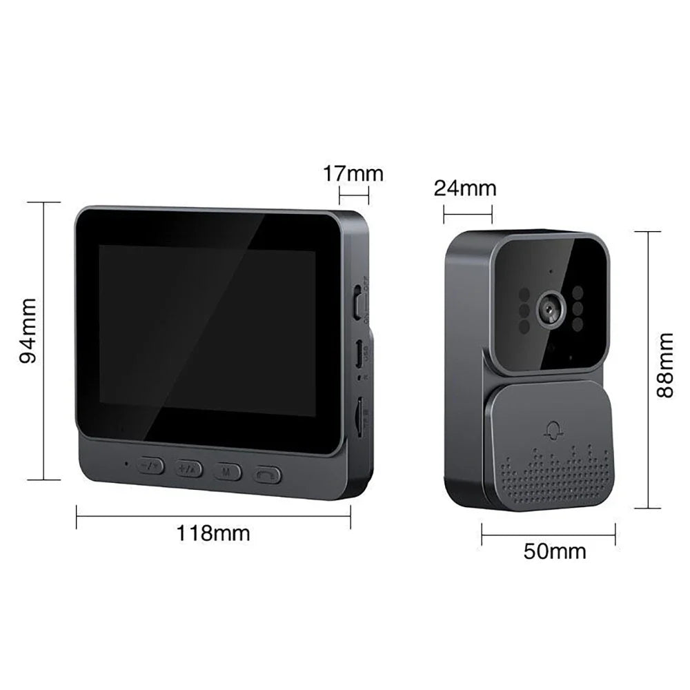Grey smart video doorbell set featuring a 4.3-inch display unit and compact camera unit with dimension measurements.