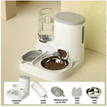 White automatic pet feeder with a clear water bottle, moisture-proof filter, and removable stainless steel bowl.