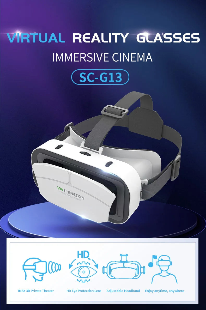 White VR headset for smartphones, featuring an adjustable grey head strap and protective lenses for an immersive view.
