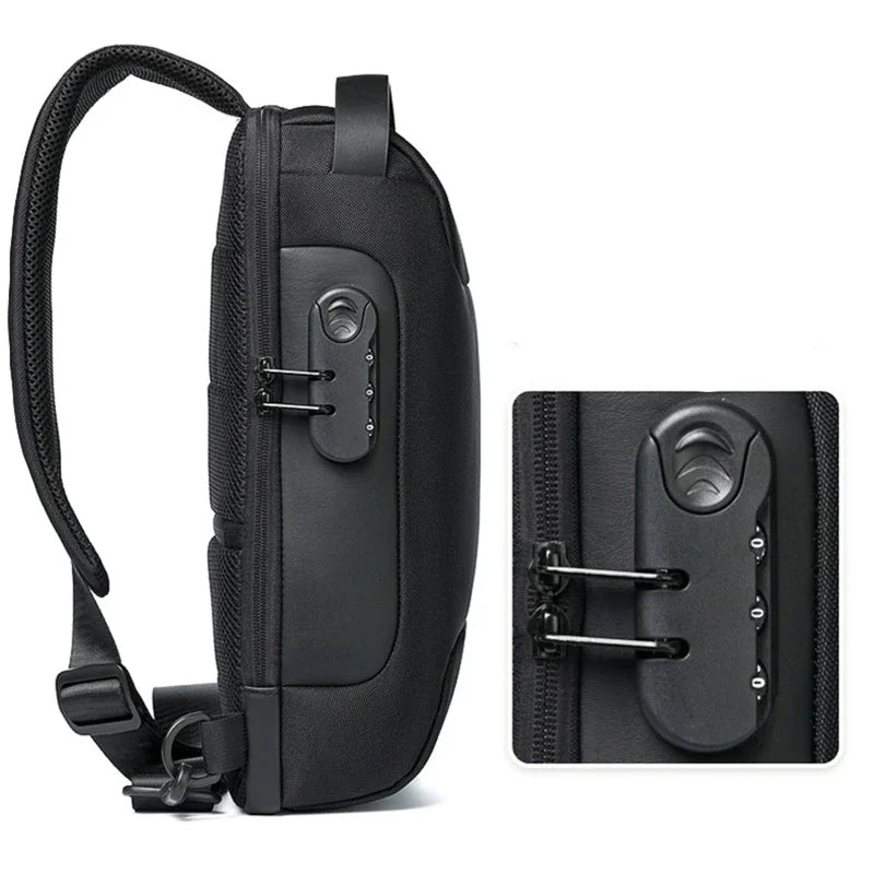 Black anti-theft crossbody chest bag with adjustable strap, mesh padding, and a built-in combination security lock.