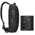 Black anti-theft crossbody chest bag with adjustable strap, mesh padding, and a built-in combination security lock.