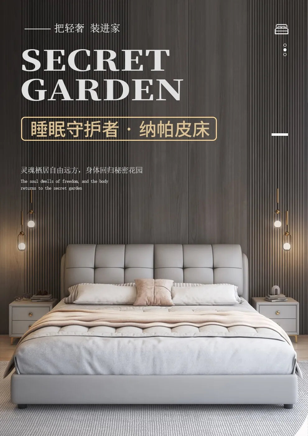 Minimalist queen bed frame in light grey faux leather with a button-tufted headboard and matching side tables.