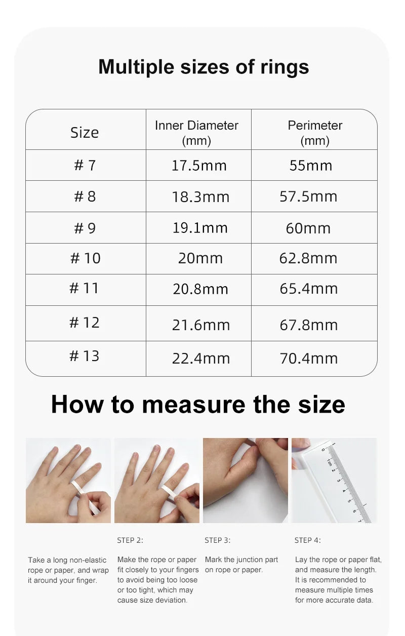 A sizing chart for the smart health ring, featuring a diameter and perimeter conversion table and a four-step guide.