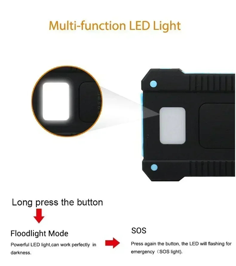 Black and blue portable solar power bank featuring a multi-function LED light with floodlight and SOS emergency modes.