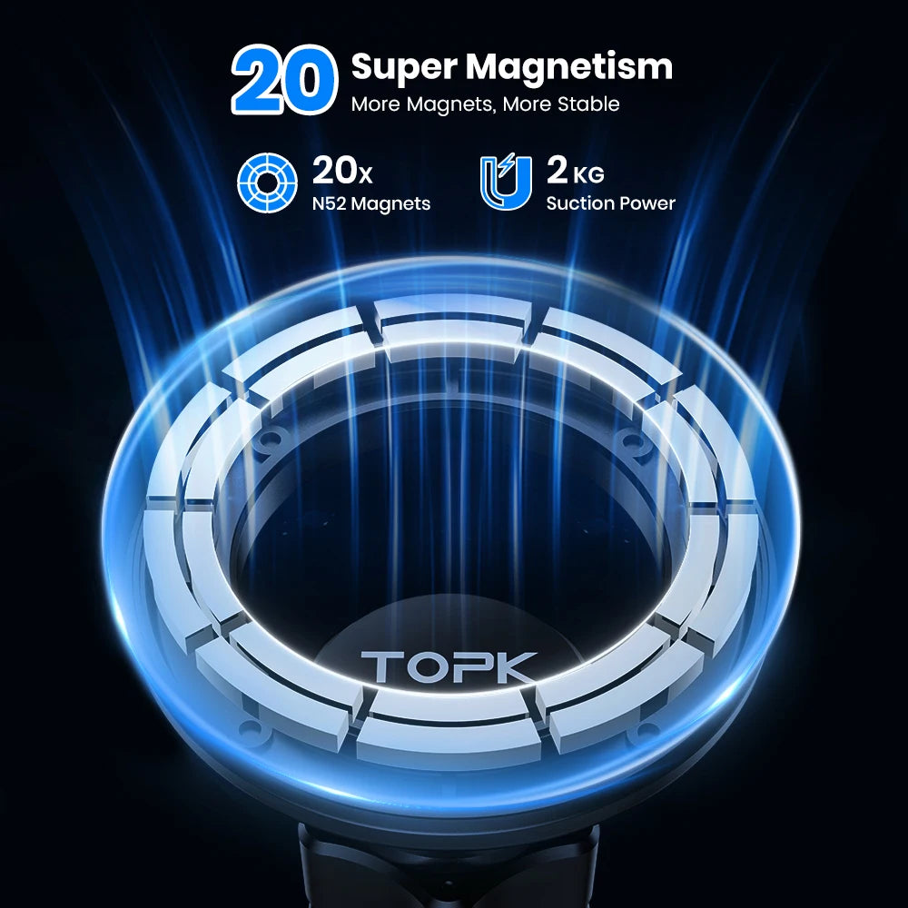 Magnetic phone mount ring with 20 silver N52 magnets radiating blue light on a black background.
