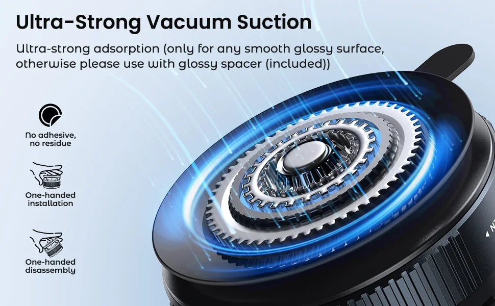 A black, round vacuum suction cup mount with a metallic gear design and blue light effects for smooth surfaces.