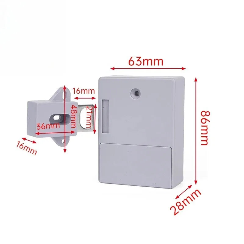 Grey plastic cabinet drawer lock with dimension annotations, showing mounting base and latch mechanism.