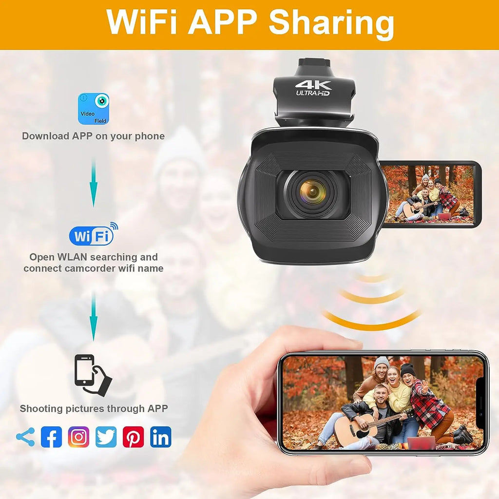 Black plastic 4K Ultra HD camcorder with flip-out screen, showing smartphone app connectivity and social media sharing.