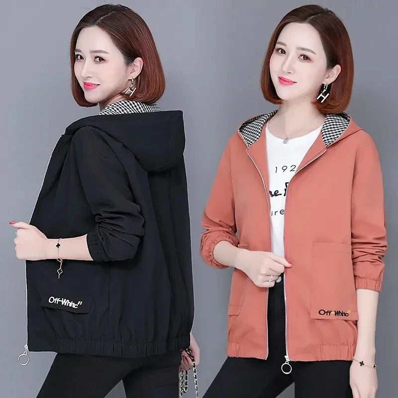 Women’s zip-up hooded jackets in black and coral, featuring a gingham-lined hood and elasticated cuffs and hem.