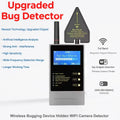 Grey portable bug detector with digital screen, antenna, and signal direction pointer. Displays signal strength and mode.