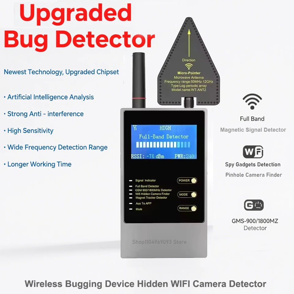 Grey portable bug detector with digital screen, antenna, and signal direction pointer. Displays signal strength and mode.